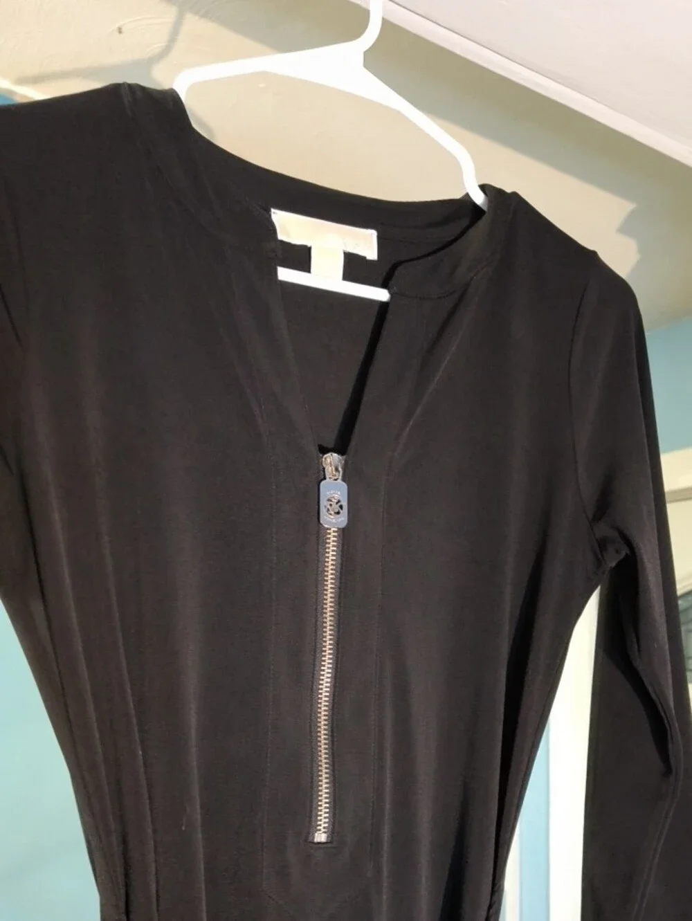 Michael Michael Kors Black Long-Sleeve Zip Front Dress with Waist Tie